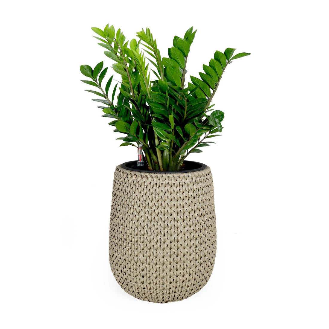 17.3" Self Watering Wicker Planter Garden Decoration Pot Beige Round Beige Rattan Metal