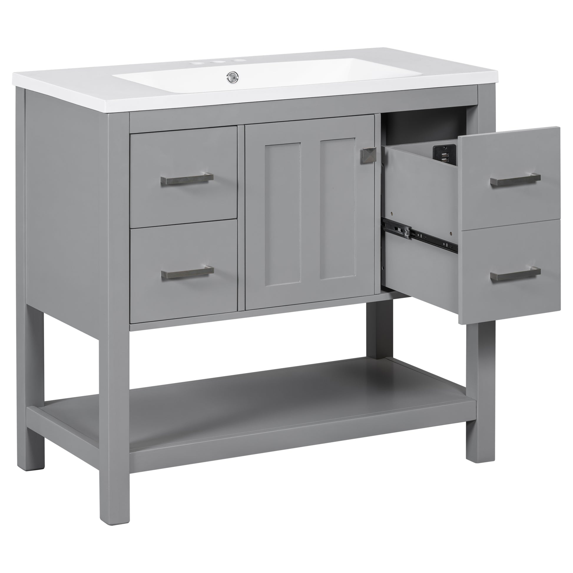 36" Gray Modern Bathroom Vanity With Usb,Two Shallow Drawers, One Deep Drawer,One Door,Single Resin Sink,Small Bathroom Organization Cabinet Gray Solid Wood Mdf Resin