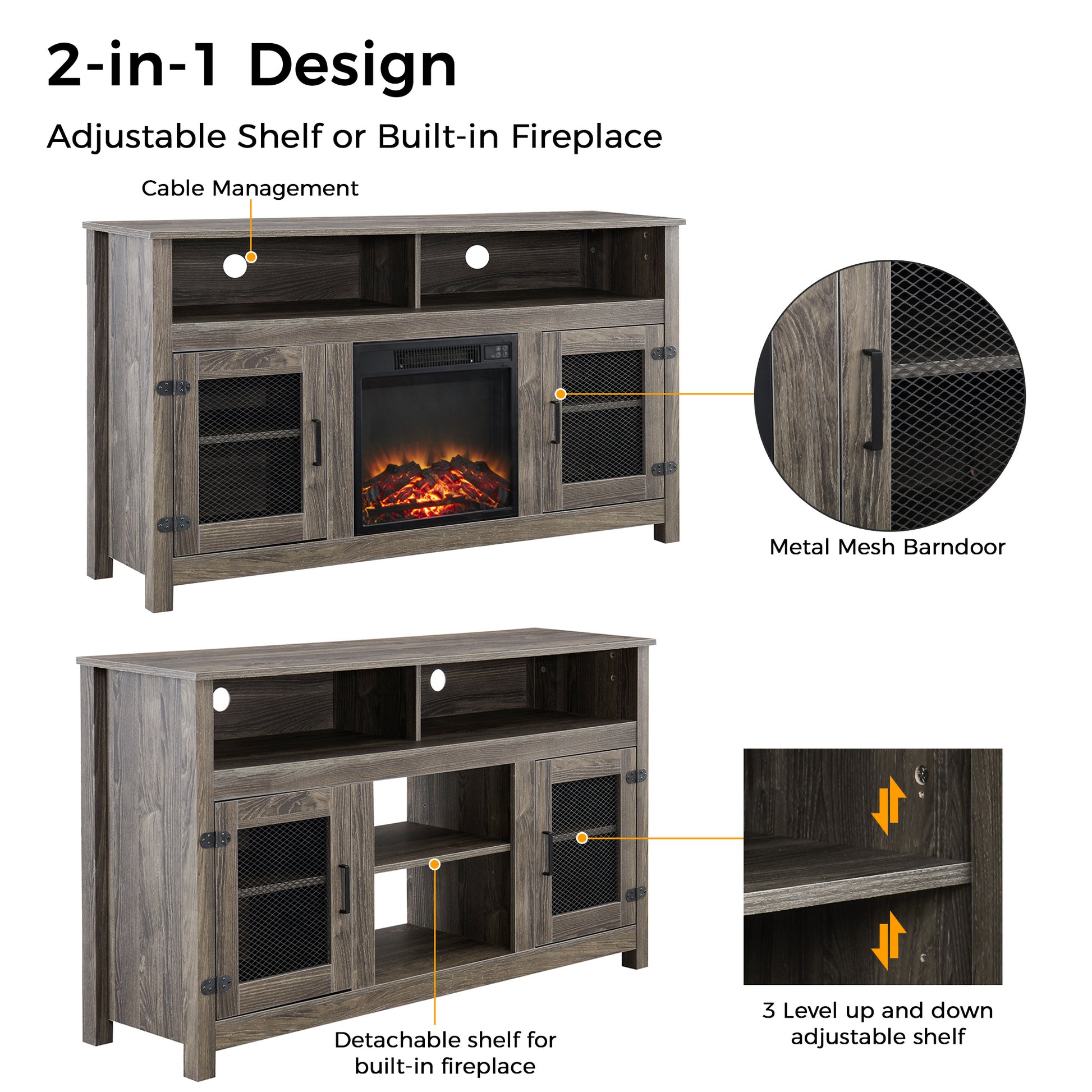 Modern Farmhouse Tv Stand With Electric Fireplace, Fit Up To 65" Flat Screen Tv With Storage Cabinet And Adjustable Shelves Industrial Entertainment Center For Living Room, Grey Grey Mdf