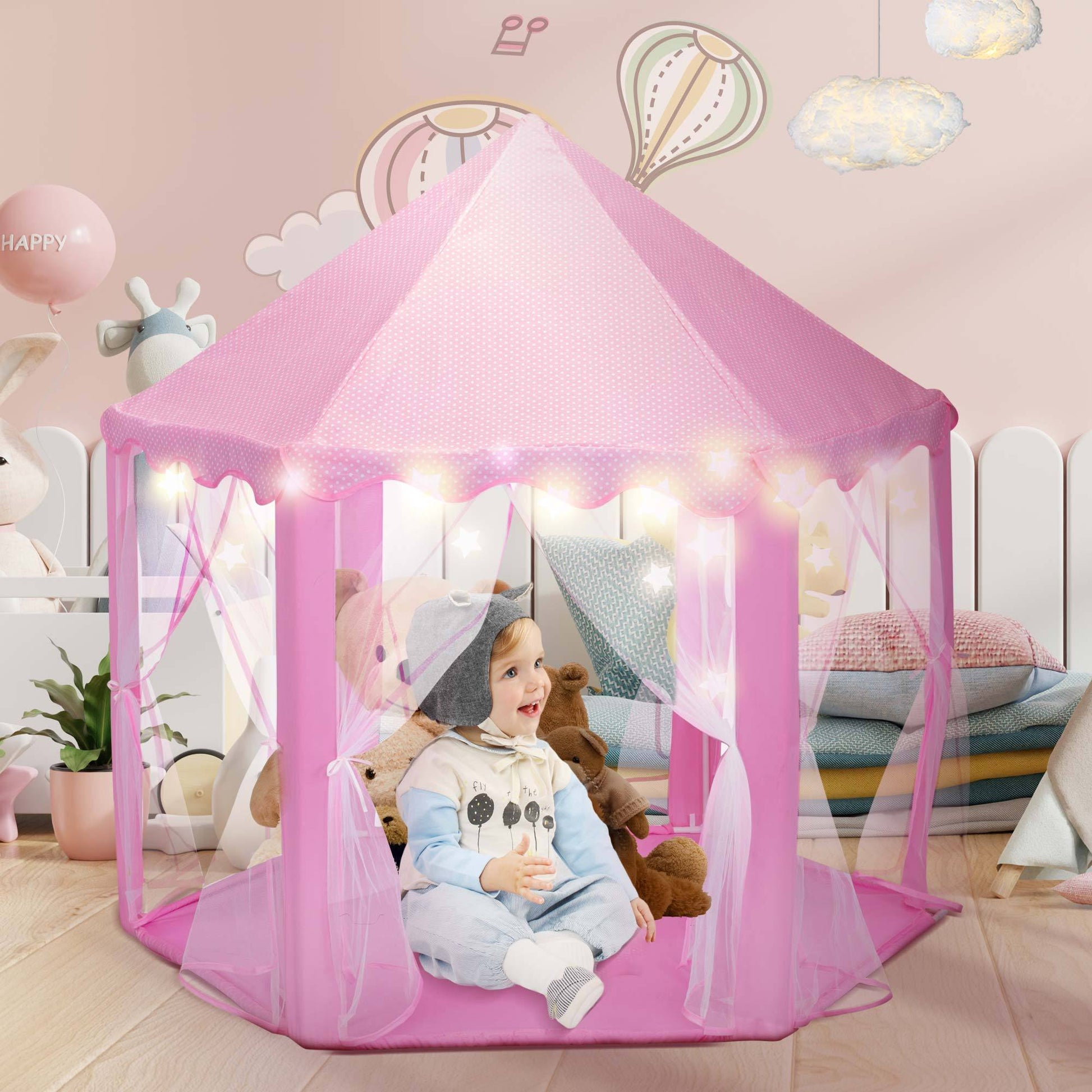 princess castle playhouse tent 53"H Princess Castle Play Tent House With Led Star Lights For Kids, In