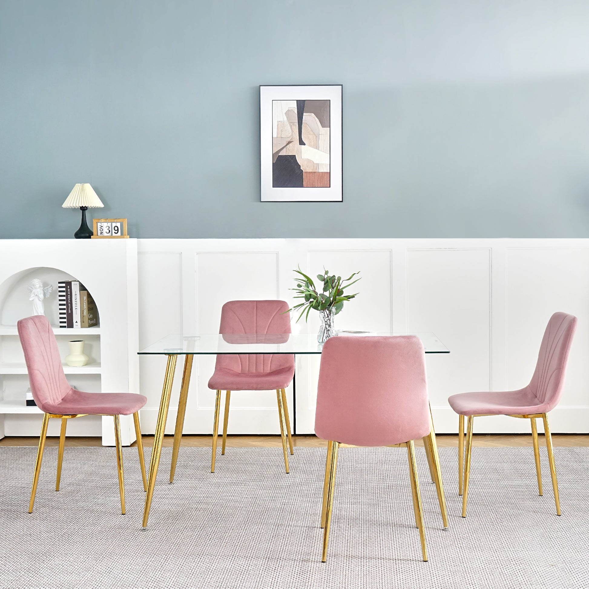 Modern Simple Light Luxury Dining Pink Chair Home Bedroom Stool Back Dressing Chair Student Desk Chair Gold Metal Legs Set Of 4 Pink Metal