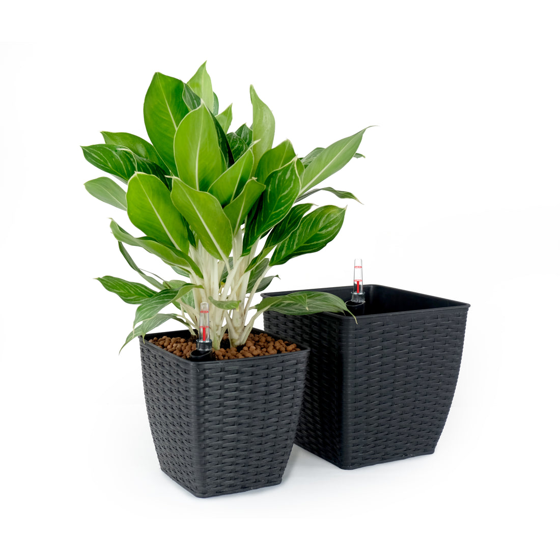 2 Pack Self Watering Planter Hand Woven Wicker Thin Square Espresso Espresso Plastic Rattan