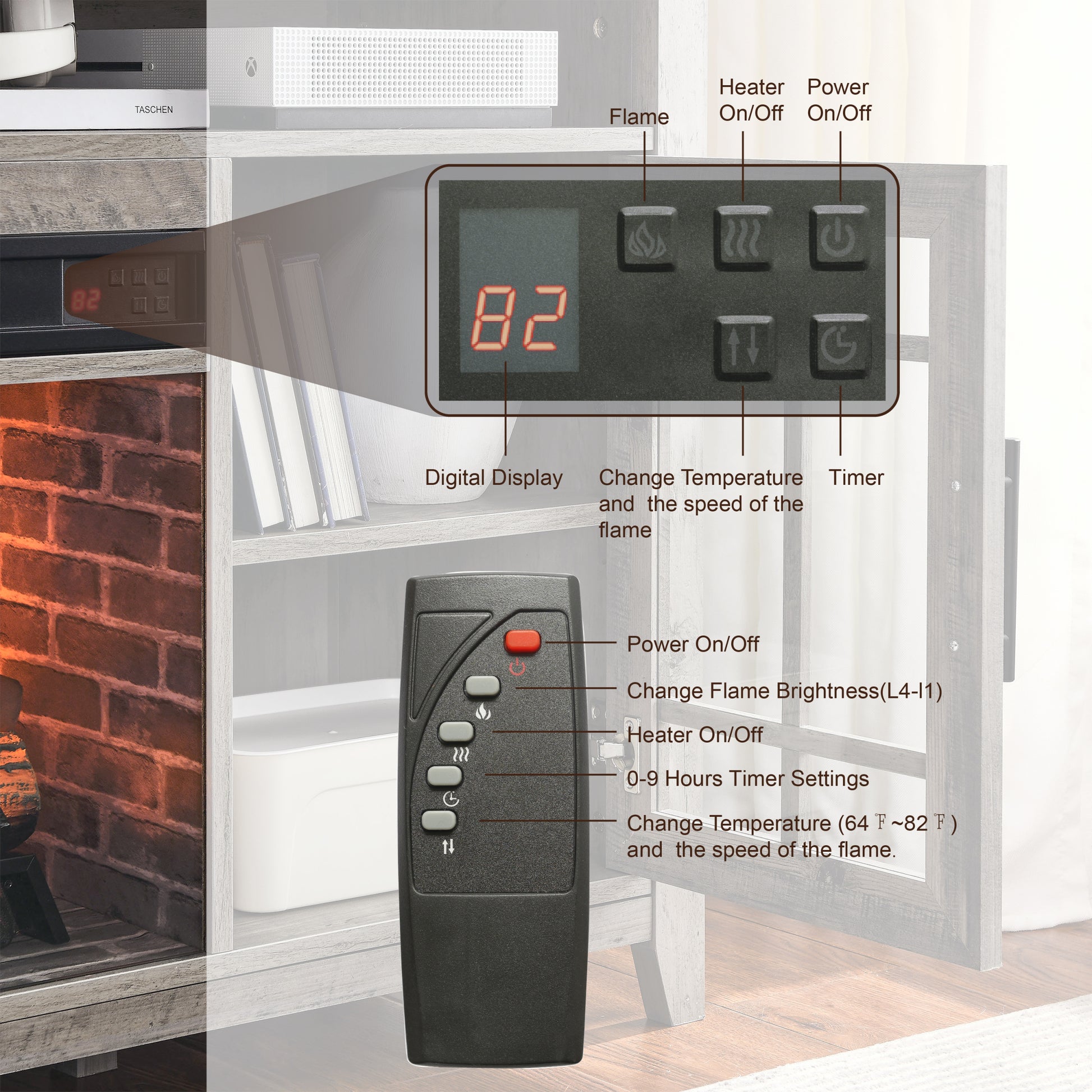 55 Inch Tv Media Stand With Electric Fireplace Kd Inserts Heater,Gray Wash Color Powder Coated Electric Gray Wash Vent Free Primary Living Space Yes Insert Temptered Glass Stainless Steel Mdf Electric