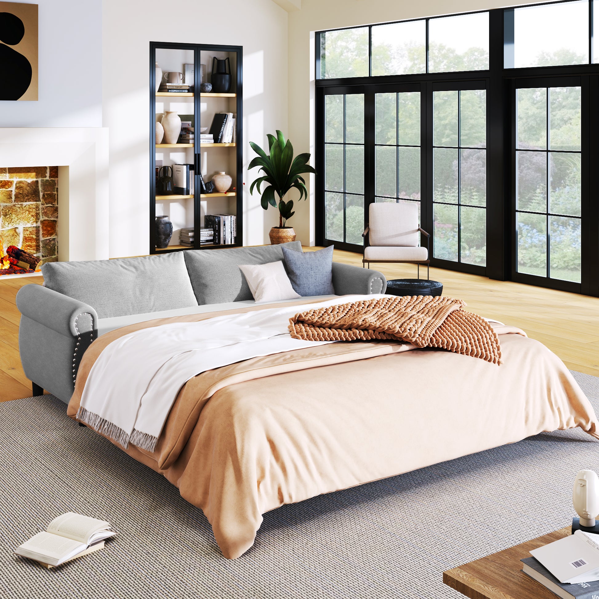 80.7'' 2 In 1 Sofa Bed Sleeper With Large Memory Mattress 63''*70.9*3.3 Inch , For Living Room Spaces Bedroom Gray Polyester