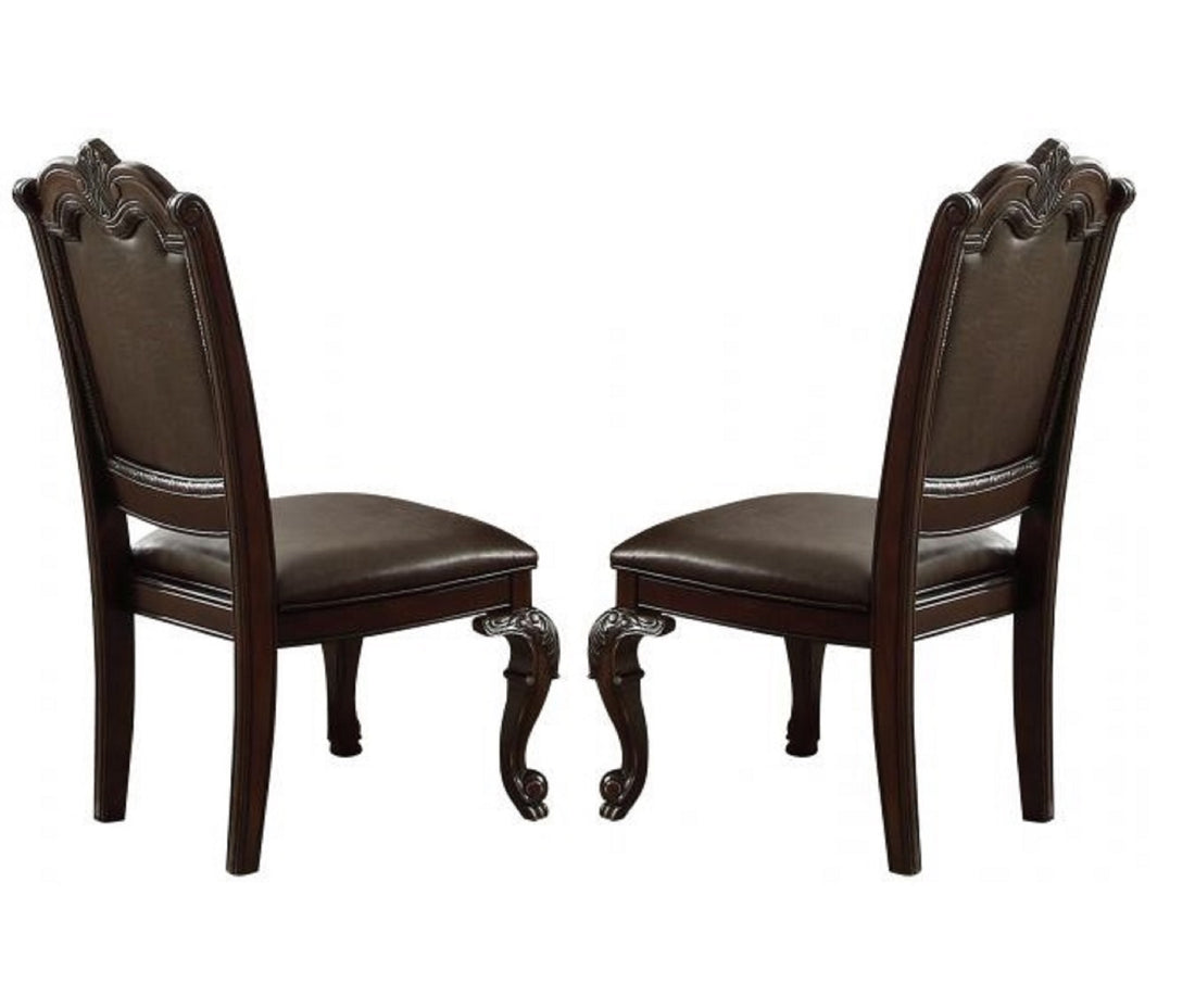 Beautiful Hand Carved Formal Traditional Dining Side Chair With Faux Leather Upholstered Padded Seat And Back Button Tufting Detail Dining Room Solid Wood Furniture Brown Espresso Brown Espresso Dining Room Traditional Side Chair Tufted Back Solid Wood