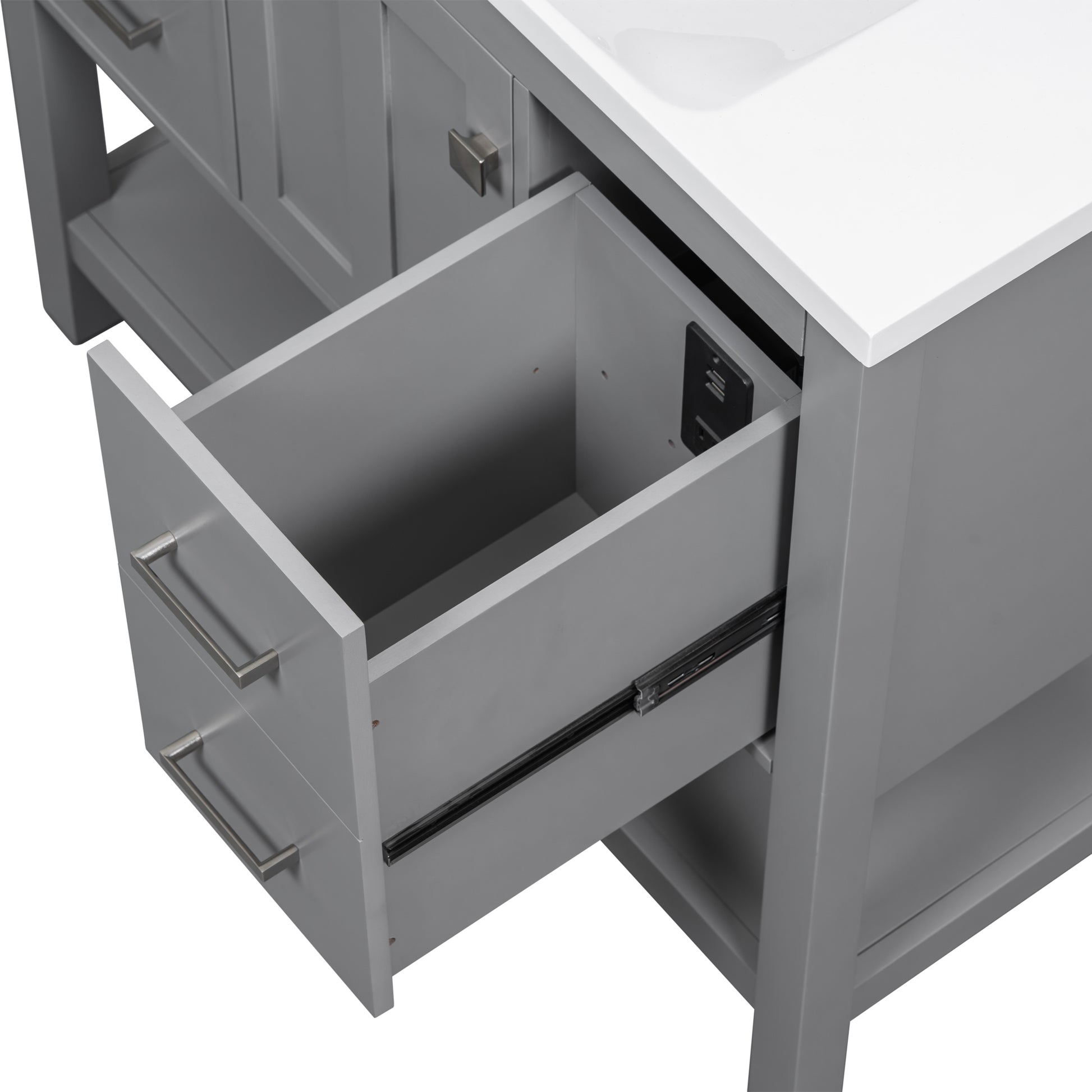 36" Gray Modern Bathroom Vanity With Usb,Two Shallow Drawers, One Deep Drawer,One Door,Single Resin Sink,Small Bathroom Organization Cabinet Gray Solid Wood Mdf Resin