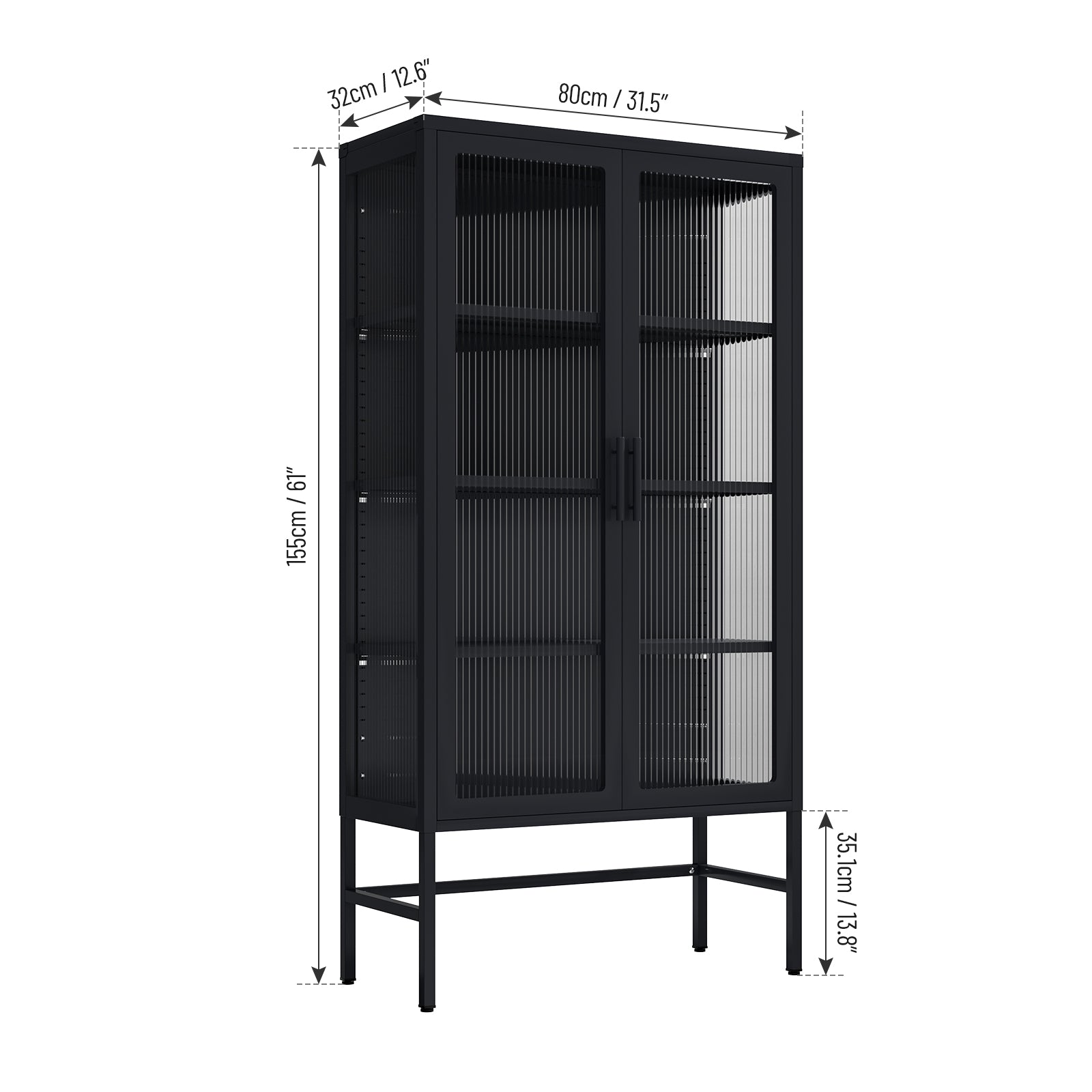 Double Glass Door Storage Cabinet With Adjustable Shelves And Feet Cold Rolled Steel Sideboard Furniture For Living Room Kitchen Black Black Tempered Glass