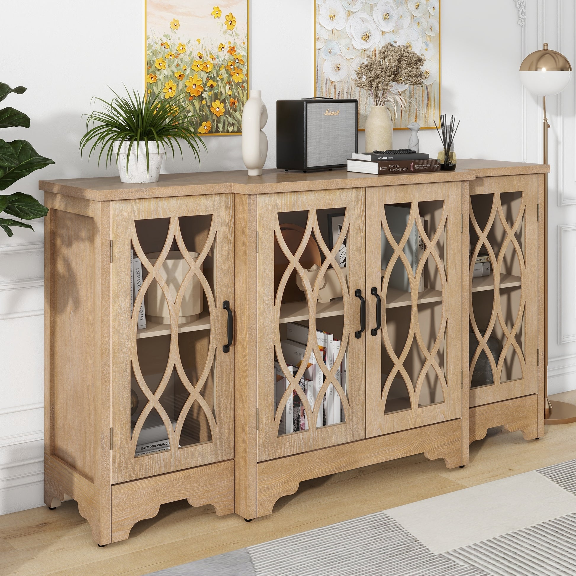 Retro Sideboard Glass Door with Curved Line natural wood-mdf