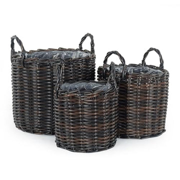 Set Of 3 Multi Purposes Basket With Handler Hand Woven Wicker Espresso Espresso Plastic