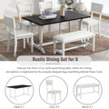 Farmhouse 6 Piece Trestle Dining Table Set With Upholstered Dining Chairs And Bench, 59Inch, White White Wood Dining Room Solid Wood Rubberwood Rectangular Dining Table With Chair And Bench Upholstered Chair Wood White Seats 6 Farmhouse Trestle Foam