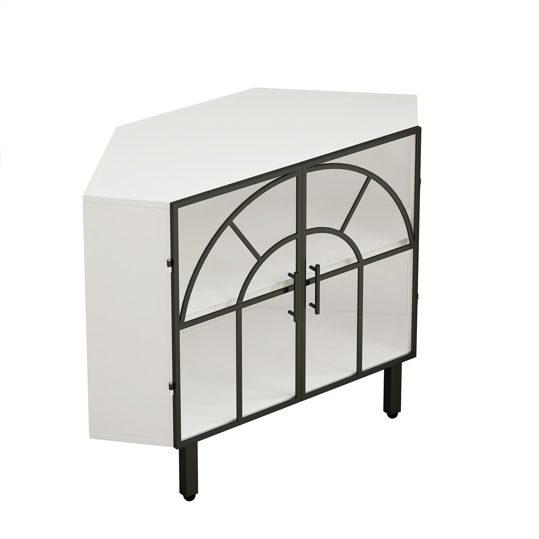 37.40"Glass Two Door Hexagonal Corner Cabinet, For Corner Of Living Room, Hallway, Study And Other Spaces, White White Metal