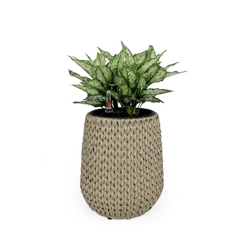 13.4" Self Watering Wicker Planter Garden Decoration Pot Beige Round Beige Rattan Metal