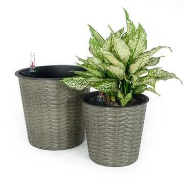 2 Pack Self Watering Wicker Decor Planter For Indoor And Outdoor Round Grey Gray Plastic Rattan