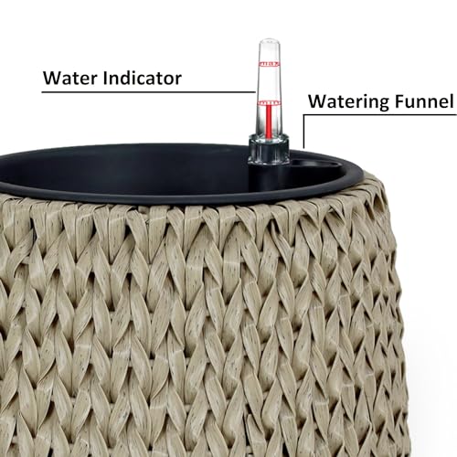 13.4" Self Watering Wicker Planter Garden Decoration Pot Beige Round Beige Rattan Metal