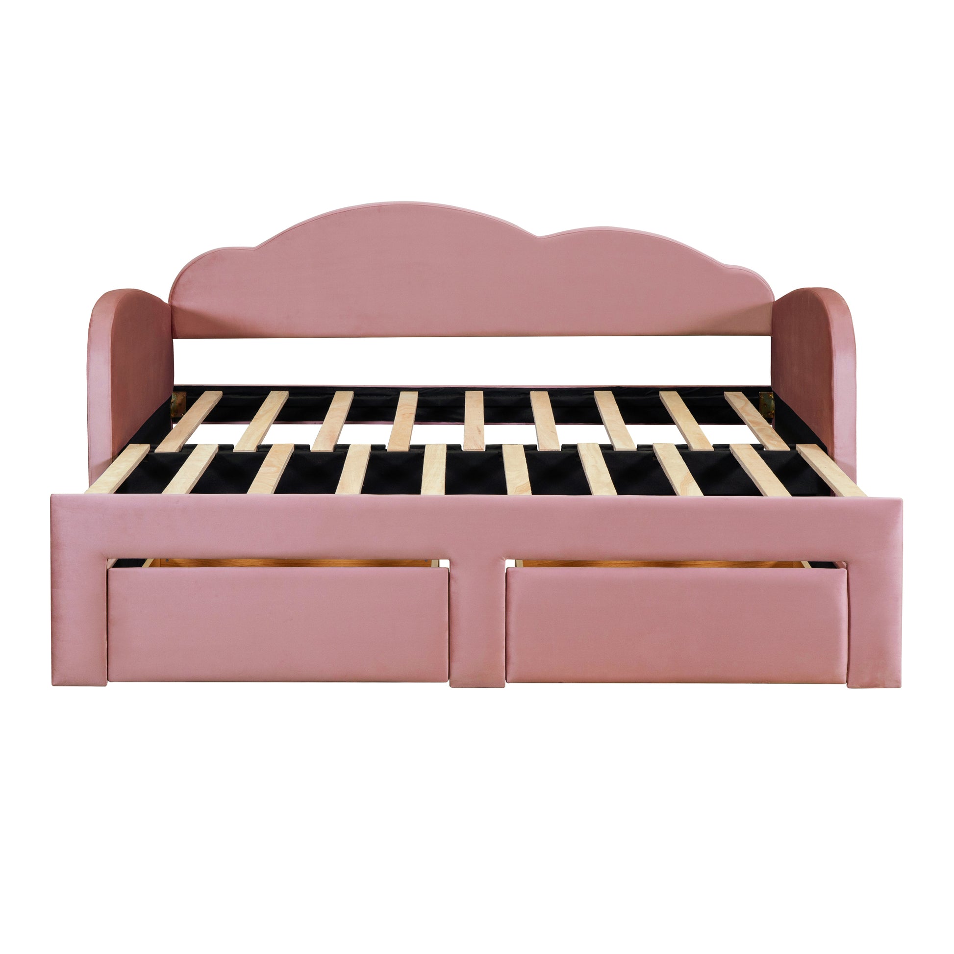 Twin Size Upholstered Daybed With Cloud Shaped Backrest, Trundle & 2 Drawers And Usb Ports, Pink Pink Velvet