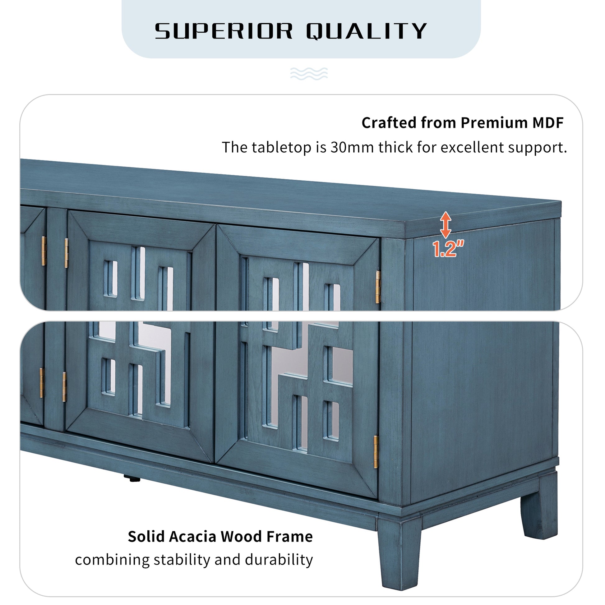 Retro 4 Door Mirrored Buffet Sideboard With Metal Pulls For Dining Room, Living Room And Hallway Navy Navy Solid Wood