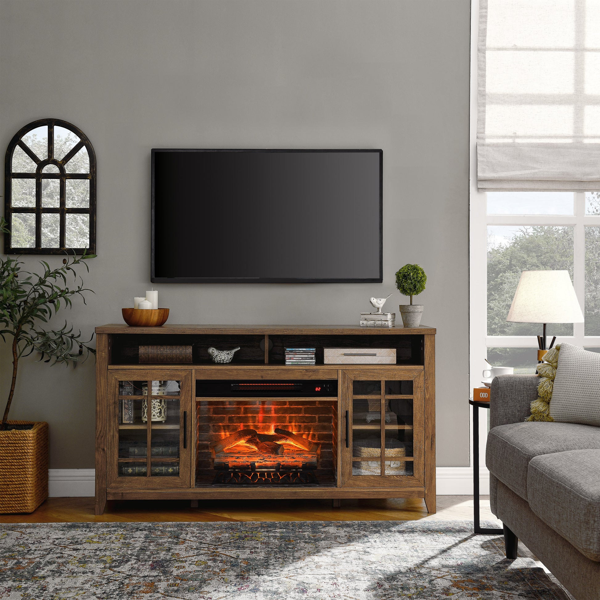 55 Inch Tv Media Stand With Electric Fireplace Kd Inserts Heater,Reclaimed Barnwood Color Powder Coated Electric Reclaimed Barnwood Vent Free Primary Living Space Yes Insert Temptered Glass Stainless Steel Mdf Electric