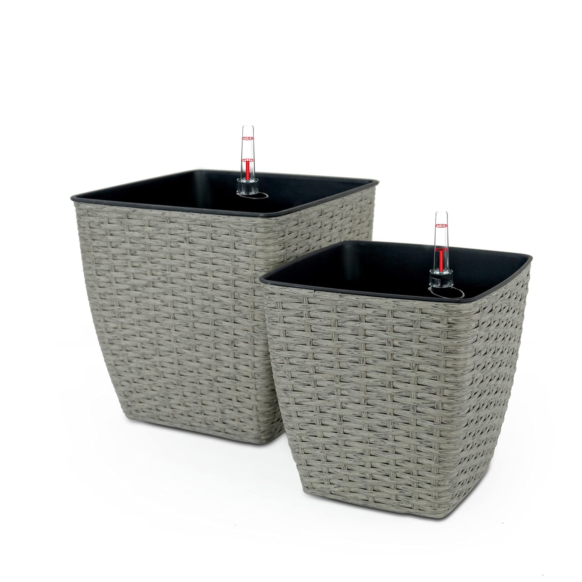 2 Pack Self Watering Planter Hand Woven Wicker Thin Square Gray Plastic Rattan