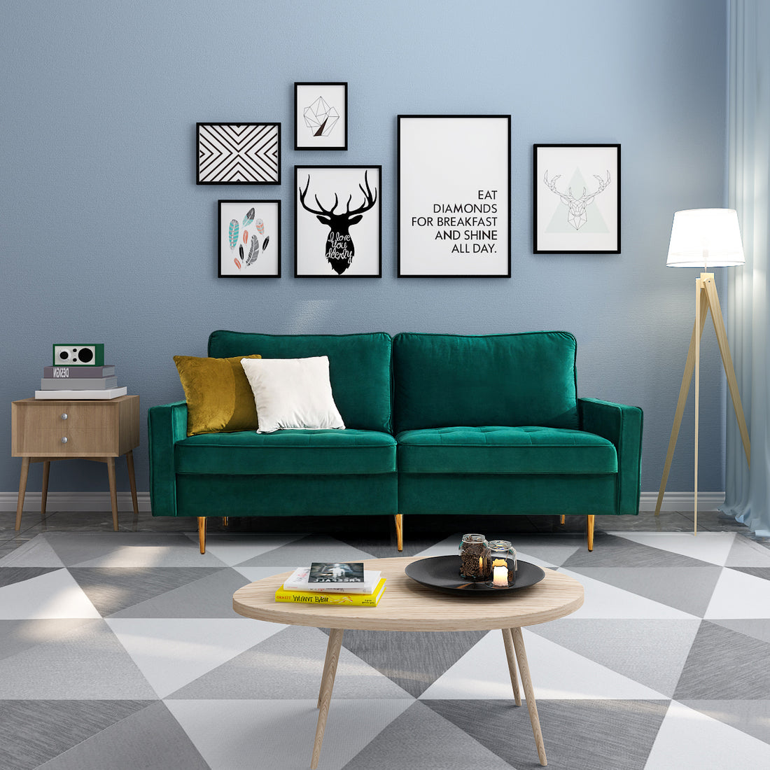 70'' Modern Button Tufted Sofa With 2 Throw Pillows For Living Room,Emerald Emerald Velvet 2 Seat