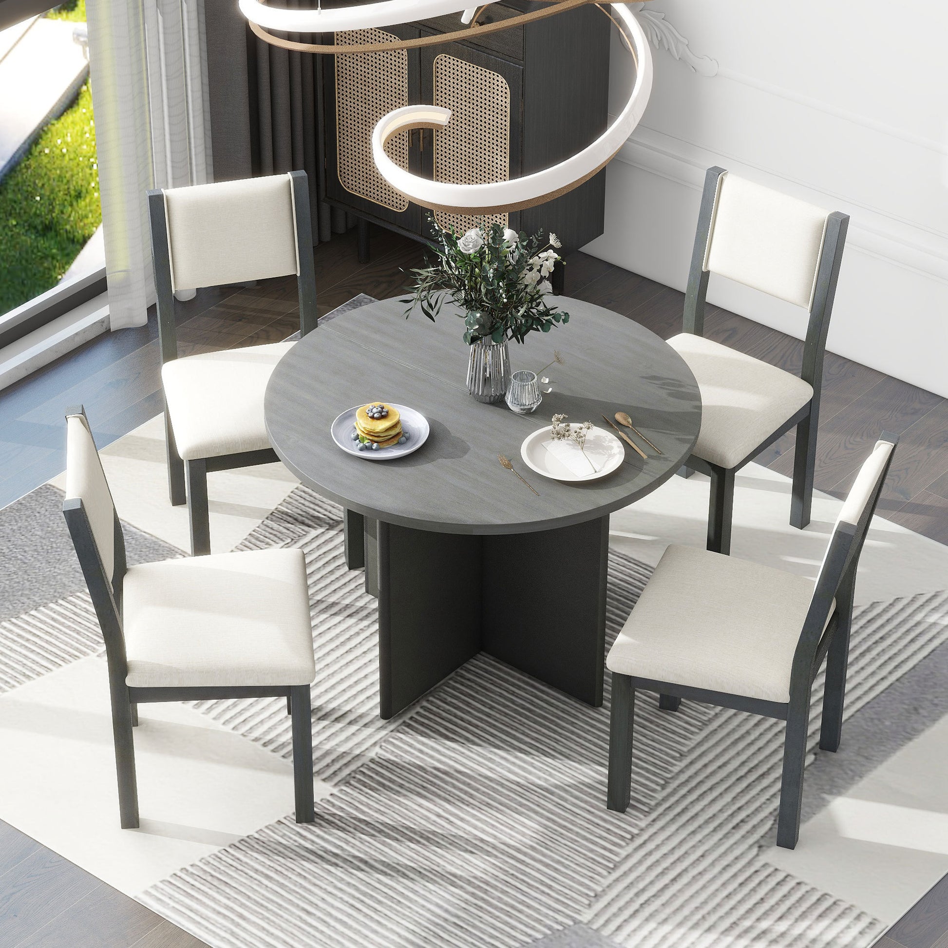 5 Piece Retro Functional Dining Set, 1 Extendable Table With A 16 Inch Leaf And 4 Upholstered Chairs For Dining Room And Kitchen Gray Gray Solid Wood