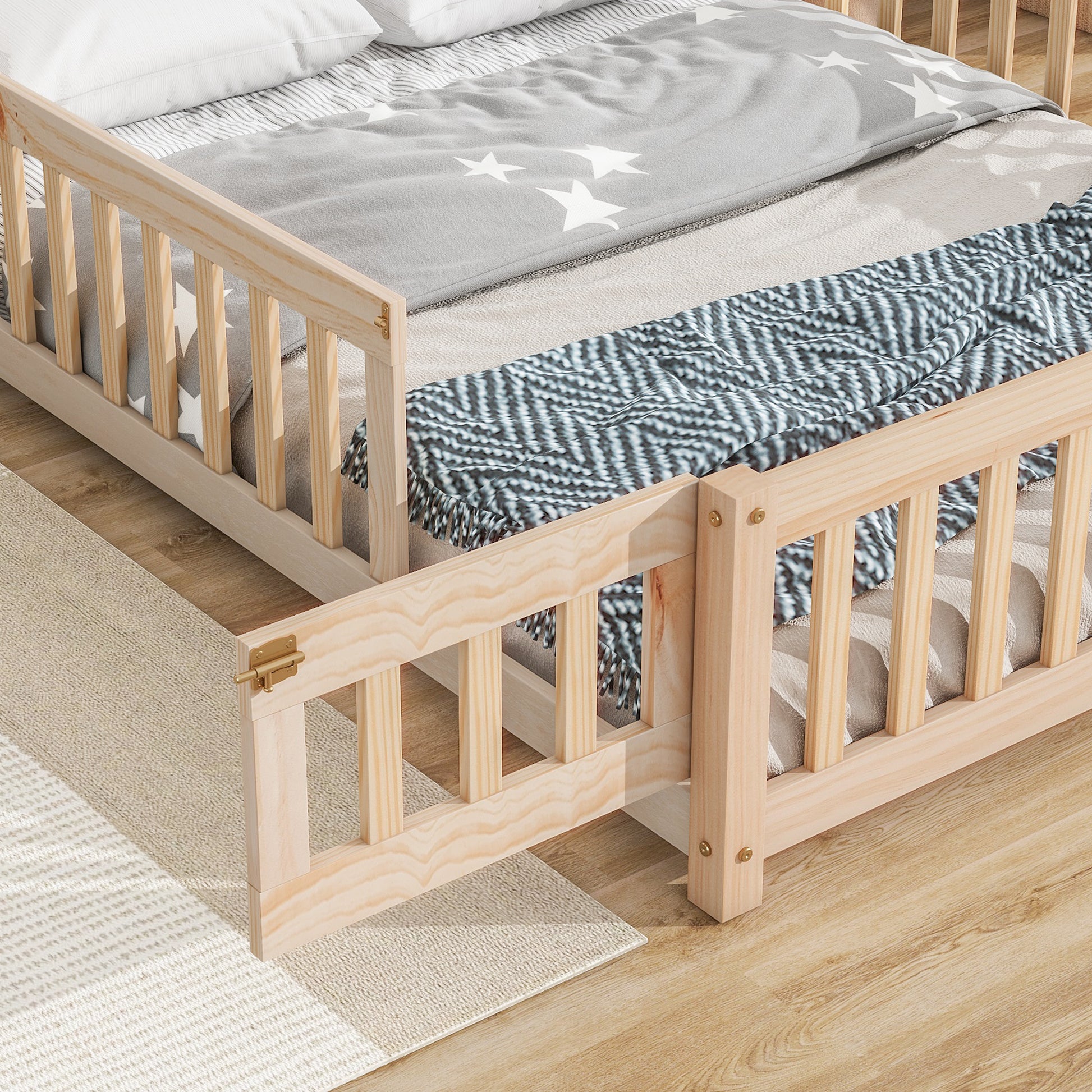 Full House Shaped Headboard Floor Bed With Fence,Natural Full Natural Wood Bedroom American Design Pine Bed Frame Pine