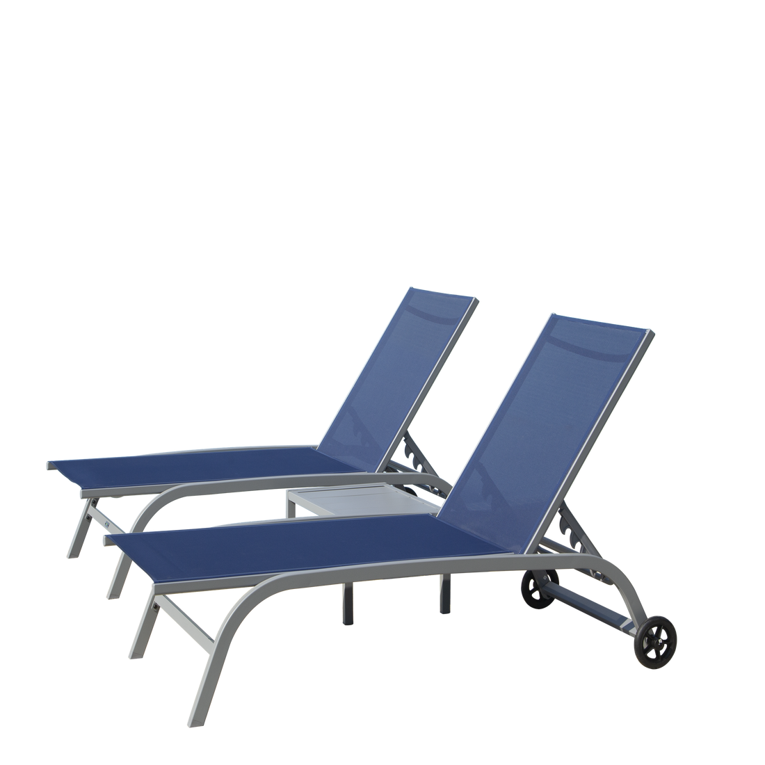 Chaise Lounge Outdoor Set Of 3, Lounge Chairs For Outside With Wheels, Outdoor Lounge Chairs With 5 Adjustable Position, Pool Lounge Chairs For Patio, Beach Blue, 2 Lounge Chairs 1 Table Blue Aluminium