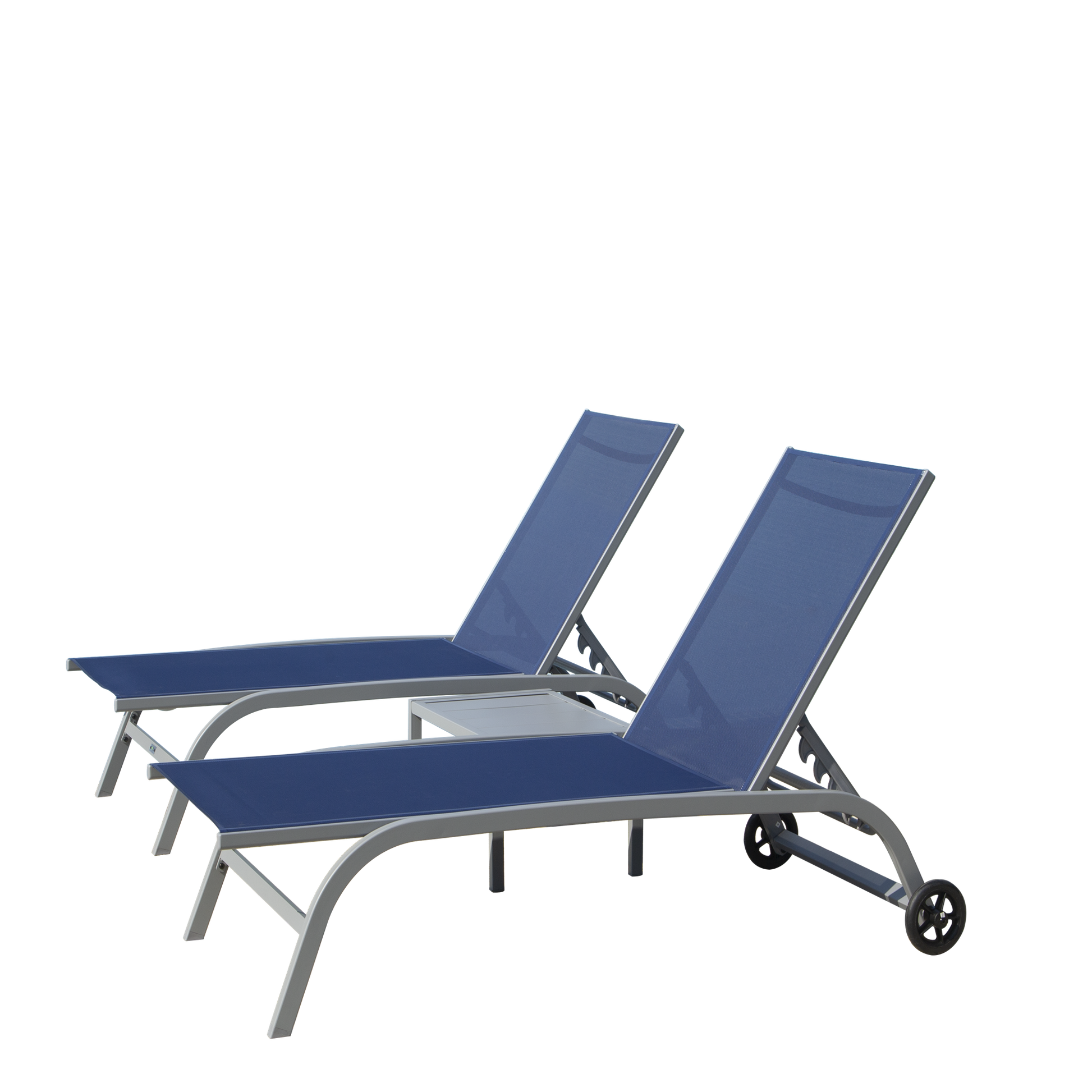 Chaise Lounge Outdoor Set Of 3, Lounge Chairs For Outside With Wheels, Outdoor Lounge Chairs With 5 Adjustable Position, Pool Lounge Chairs For Patio, Beach Blue, 2 Lounge Chairs 1 Table Blue Aluminium