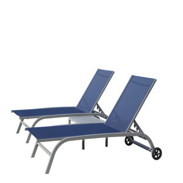 Chaise Lounge Outdoor Set Of 3, Lounge Chairs For Outside With Wheels, Outdoor Lounge Chairs With 5 Adjustable Position, Pool Lounge Chairs For Patio, Beach Blue, 2 Lounge Chairs 1 Table Blue Aluminium