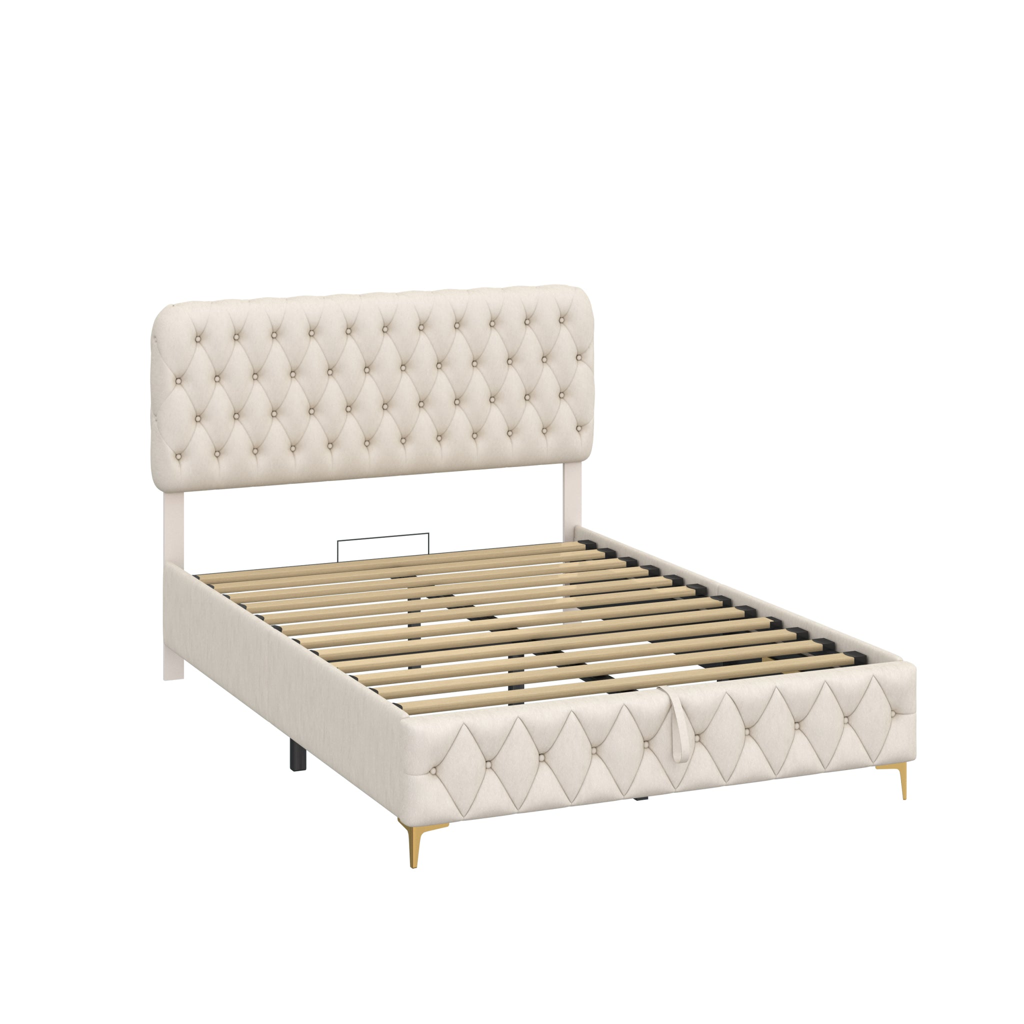 Queen Platform Bed Frame With pneumatic hydraulic queen-beige-velvet