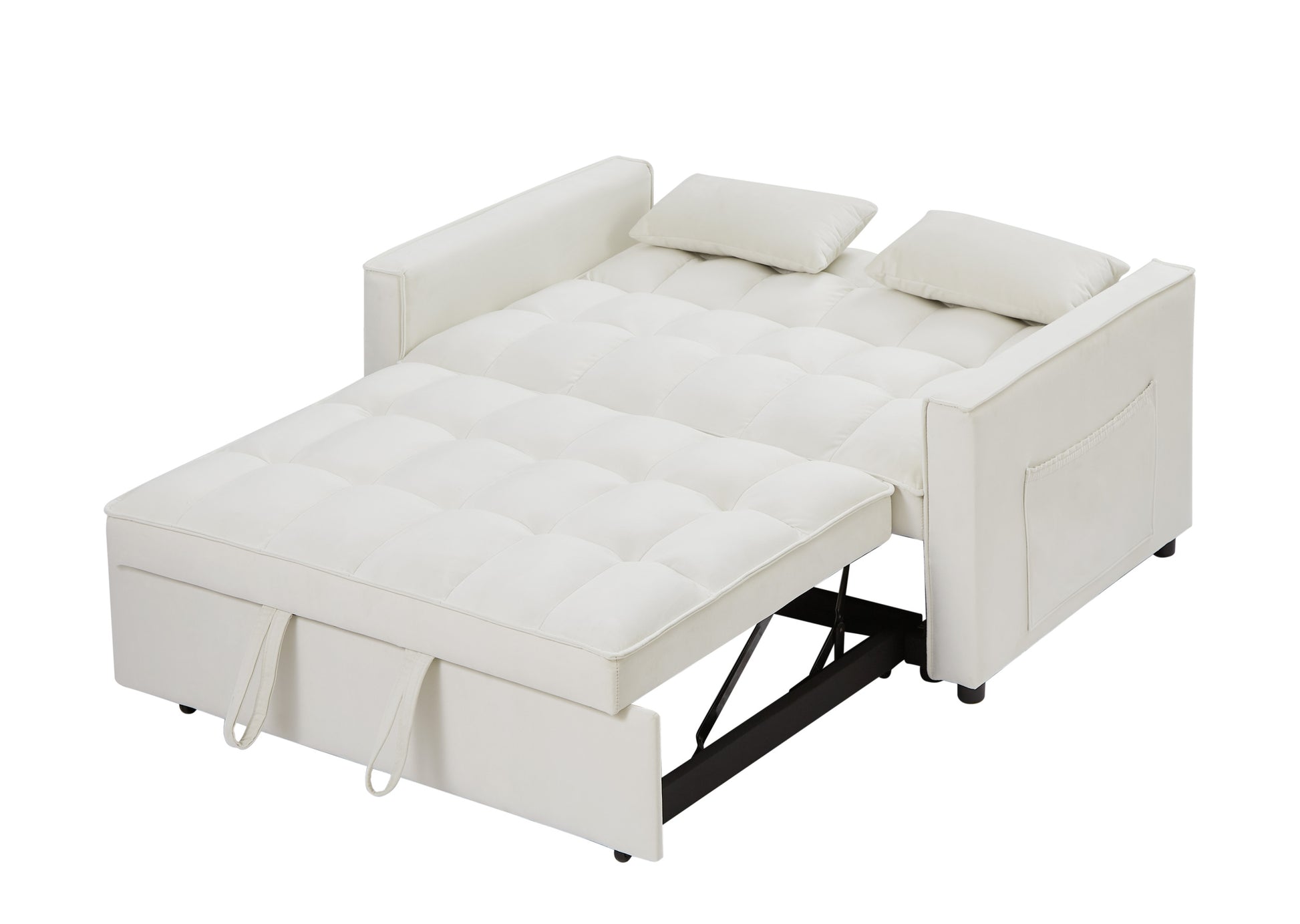 Modern Velvet Convertible Loveseat Sleeper Sofa Couch With Adjustable Backrest, 2 Seater Sofa With Pull Out Bed With 2 Lumbar Pillows For Small Living Room & Apartment Ivory Foam Velvet