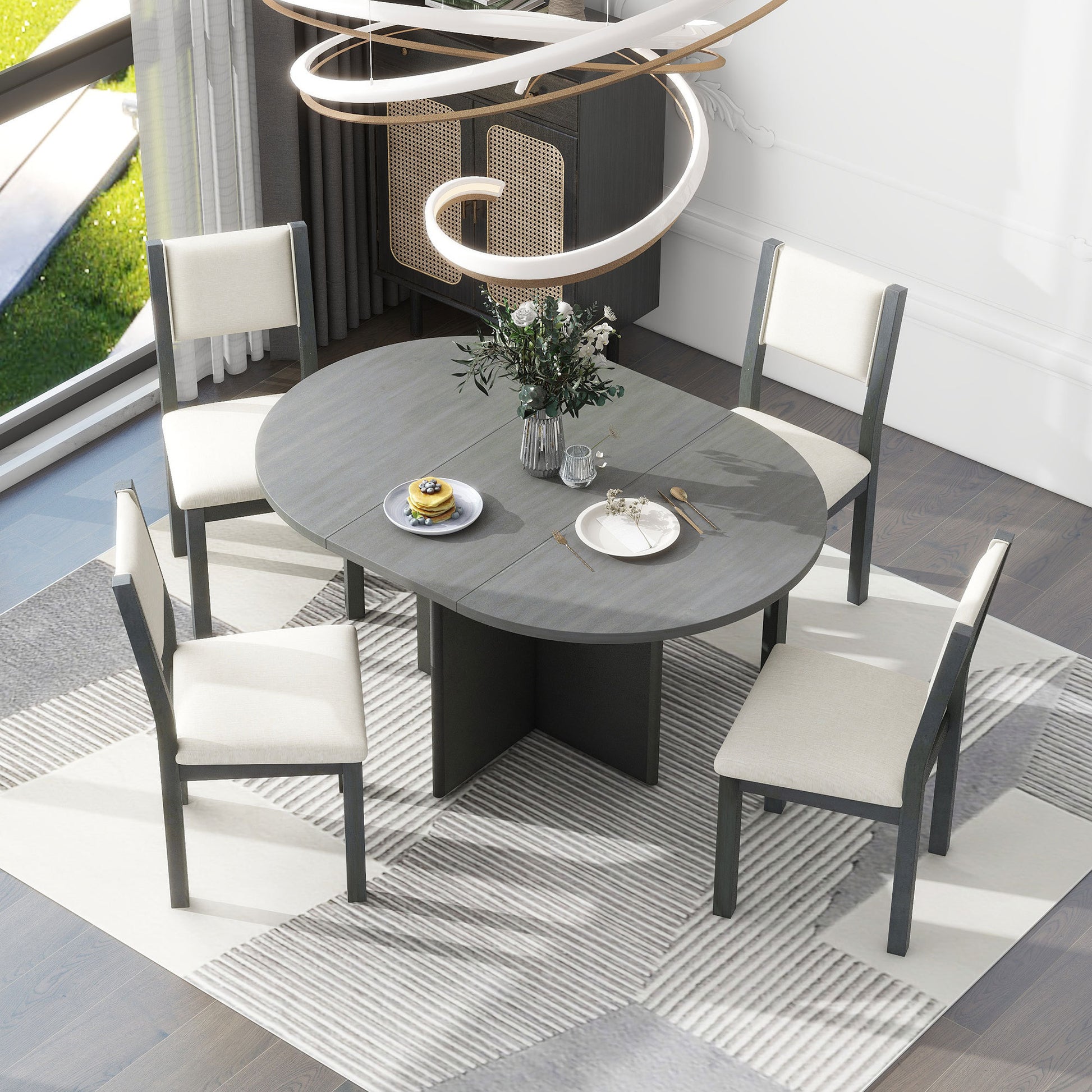 5 Piece Retro Functional Dining Set, 1 Extendable Table With A 16 Inch Leaf And 4 Upholstered Chairs For Dining Room And Kitchen Gray Gray Solid Wood