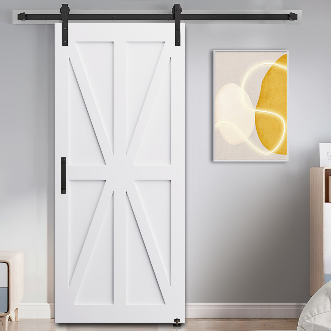 32" X 84" Star Style Real Primed Door Slab 6.6Ft Barn Door Sliding Hardware Adjustable Floor Guider Pull Handle, Diy Unfinished Paneled Door, Modern Interior Barn Door, Moisture Proof White Mdf