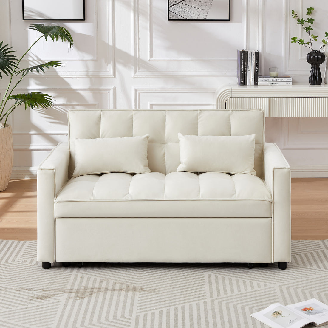 Modern Velvet Convertible Loveseat Sleeper Sofa Couch With Adjustable Backrest, 2 Seater Sofa With Pull Out Bed With 2 Lumbar Pillows For Small Living Room & Apartment Ivory Foam Velvet