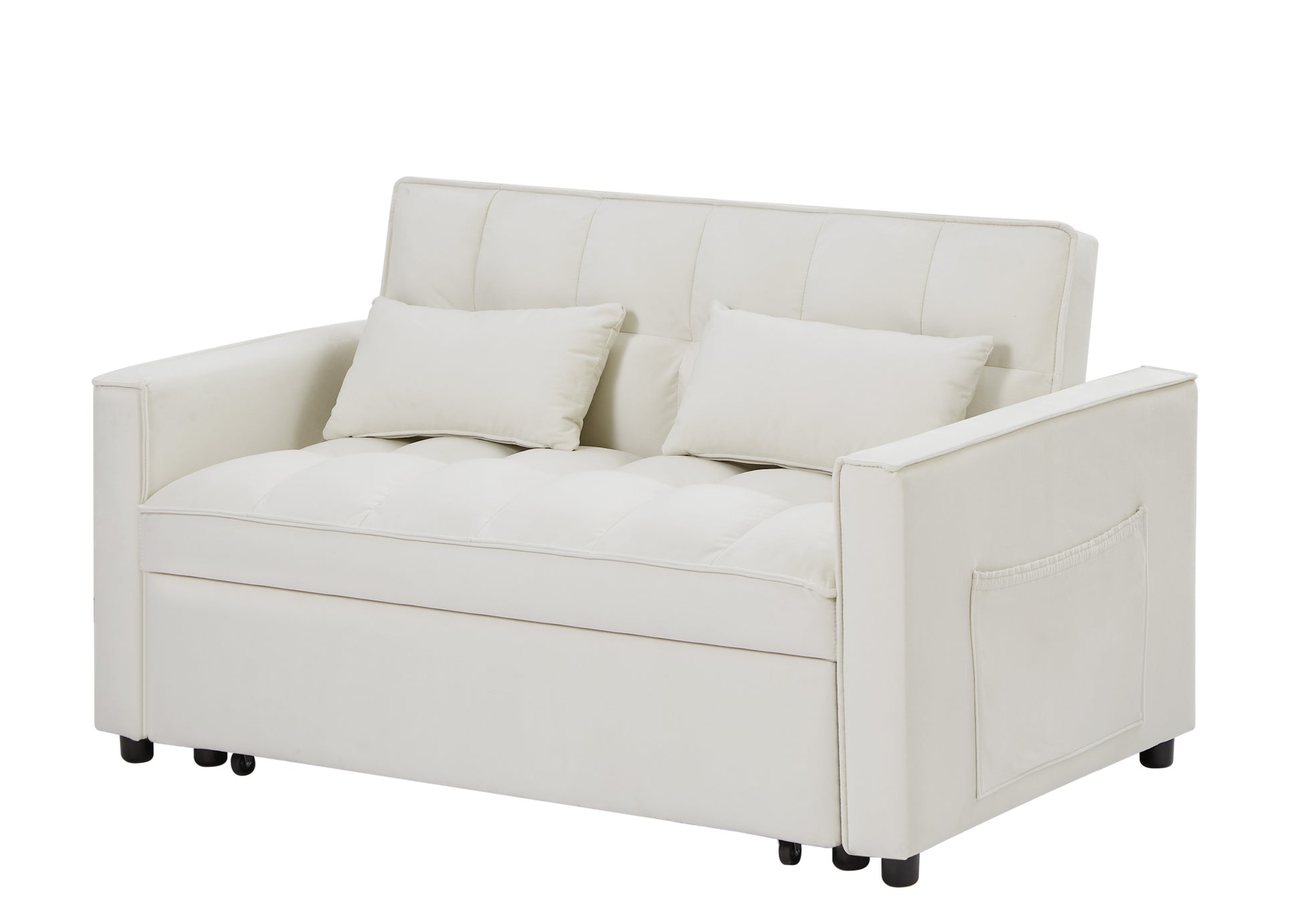 Modern Velvet Convertible Loveseat Sleeper Sofa Couch With Adjustable Backrest, 2 Seater Sofa With Pull Out Bed With 2 Lumbar Pillows For Small Living Room & Apartment Ivory Foam Velvet