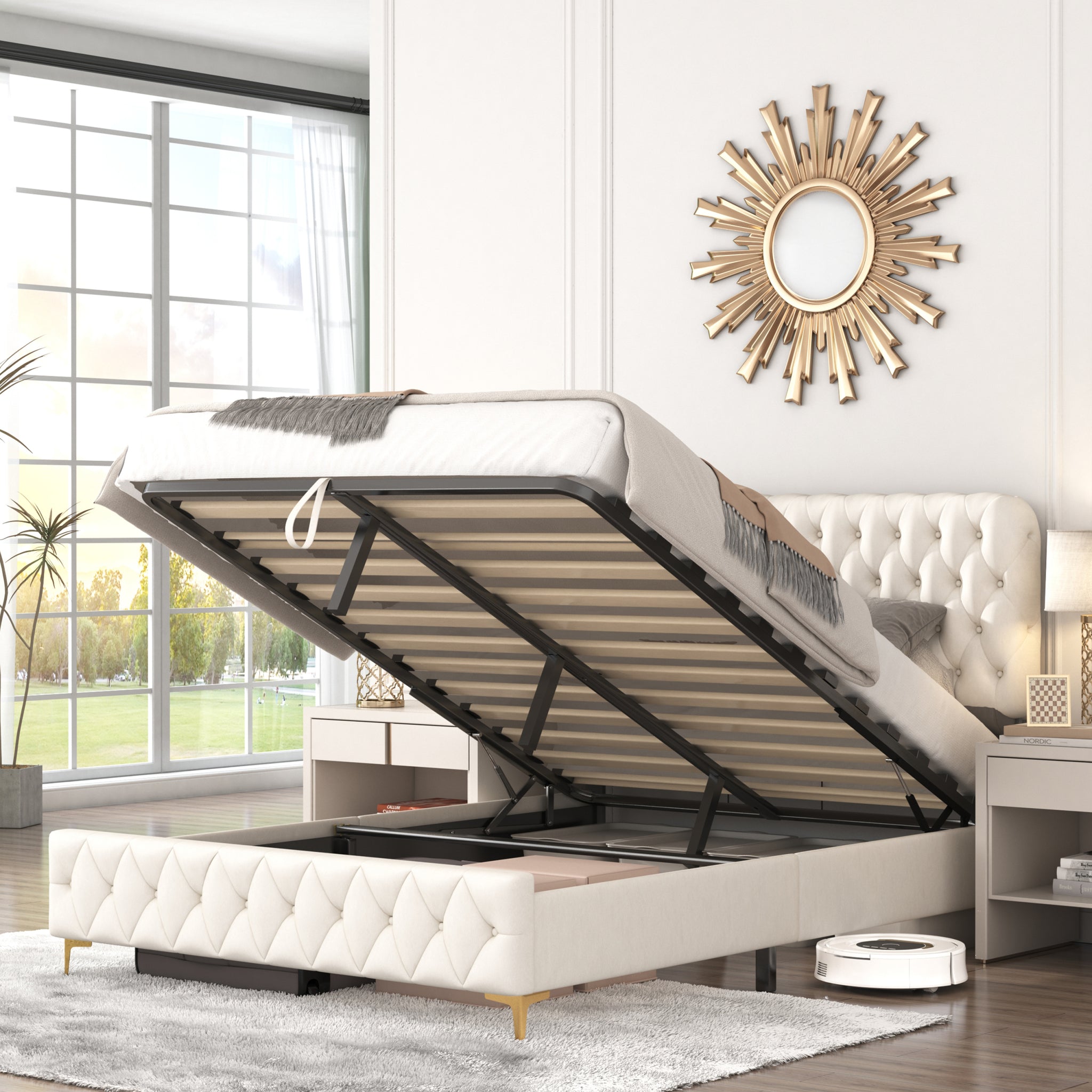 Full Platform Bed Frame With pneumatic hydraulic full-beige-velvet