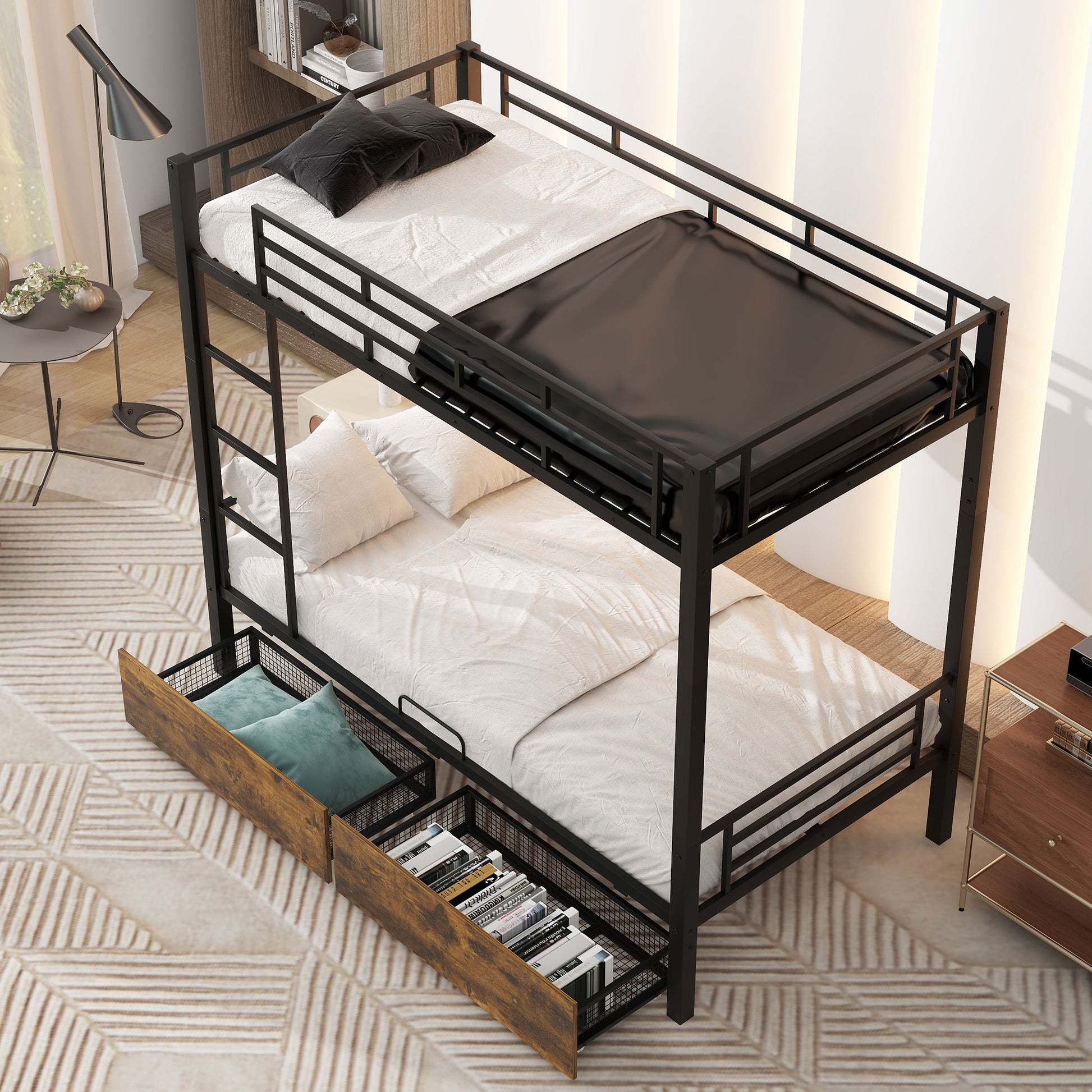 Metal Bunk Bed With Drawers, Twin, Black Twin Black Mdf Metal