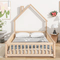 Full House Shaped Headboard Floor Bed With Fence,Natural Full Natural Wood Bedroom American Design Pine Bed Frame Pine