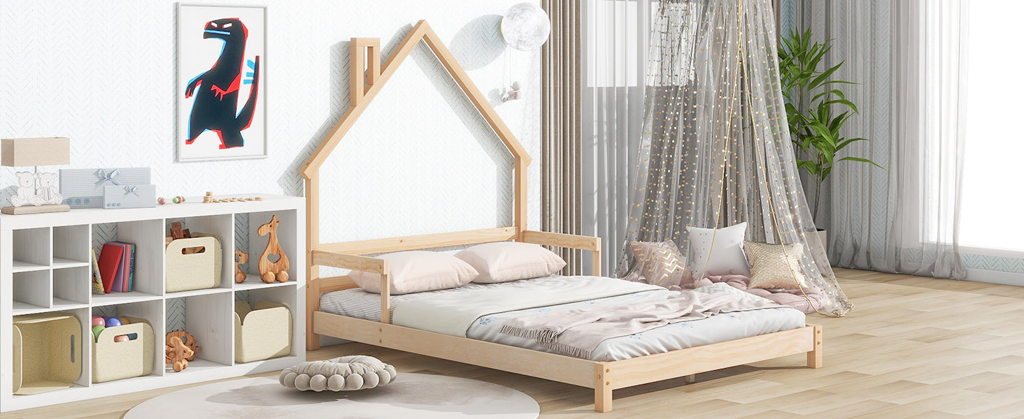 Full House Shaped Headboard Bed With Handrails ,Slats,Natural Full Natural Wood Bedroom American Design Pine Bed Frame Pine