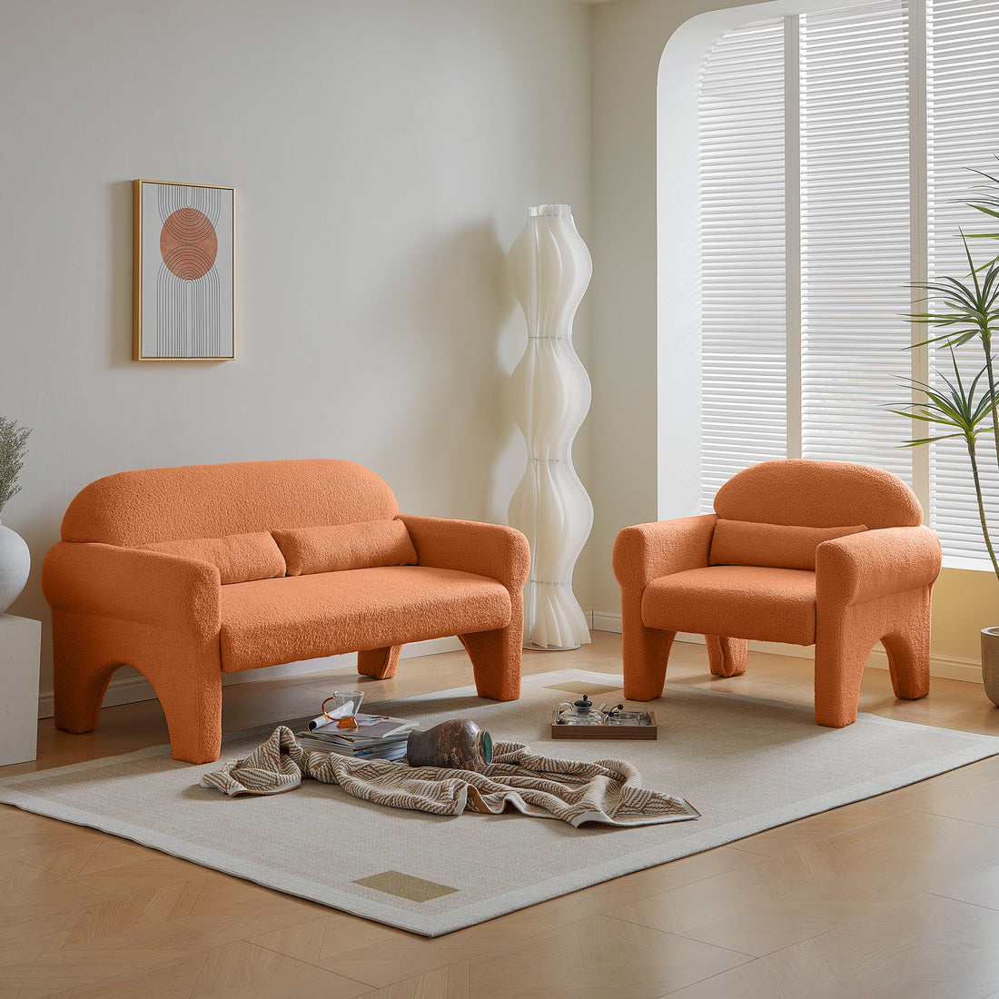 2 Piece Set Sofa Couch,Modern Teddy Fabric Seat & Accent Chair For Living Room Orange Foam