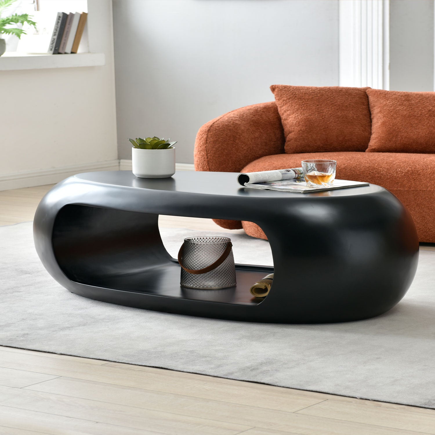 53.93'' Modern Oval Coffee Table, Sturdy Fiberglass Center Cocktail Table Tea Table For Living Room, Black, No Need Assembly Matt Black Fiberglass