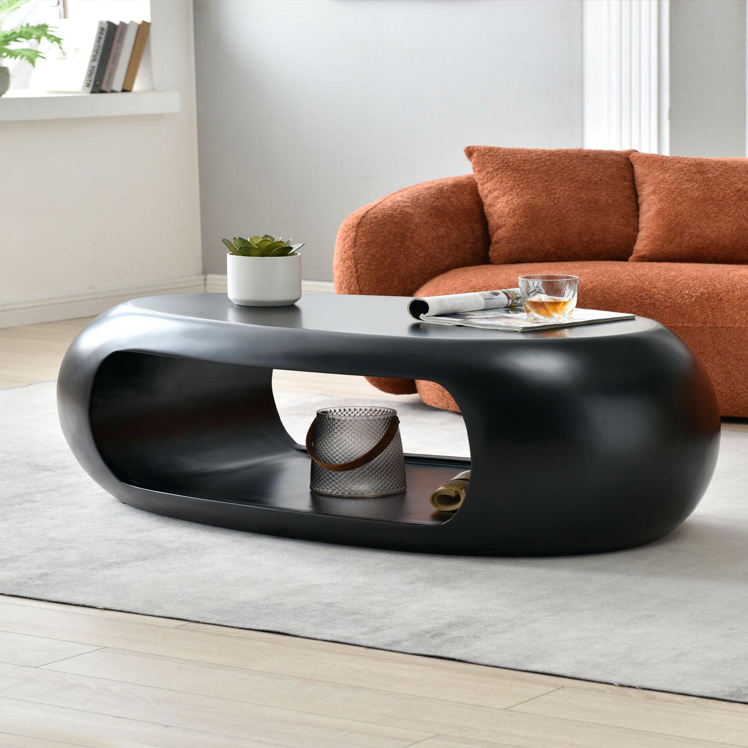 48.42'' Modern Oval Coffee Table, Sturdy Fiberglass Center Cocktail Table Tea Table For Living Room, Black, No Need Assembly Black Fiberglass