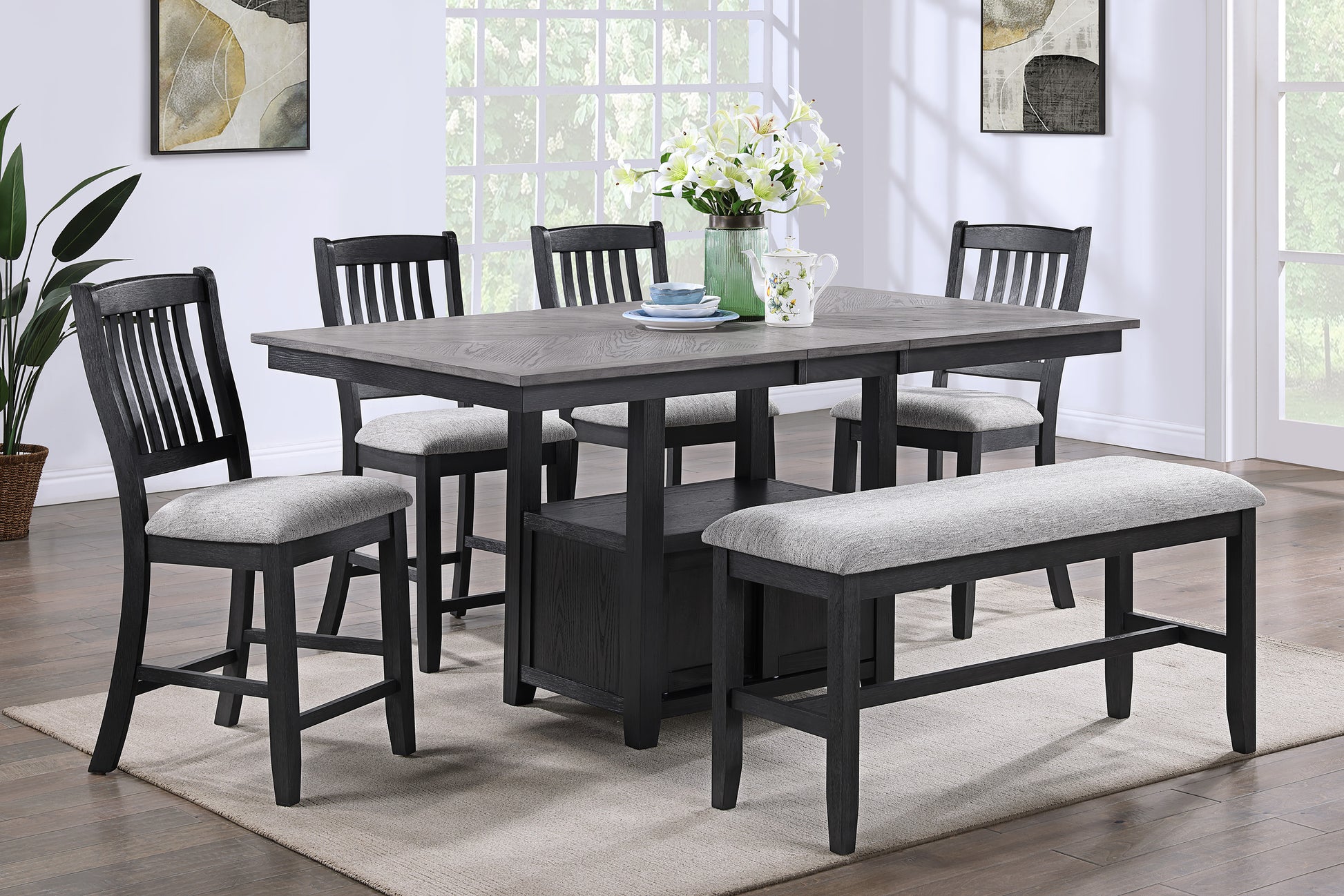 6Pc Counter Height Dining Set Black Gray Finish Rectangular Table Under Table Storage Upholstery Chairs Bench Storage Wooden Furniture Wood Wood Black Gray Seats 6 Wood Dining Room 60 Inches