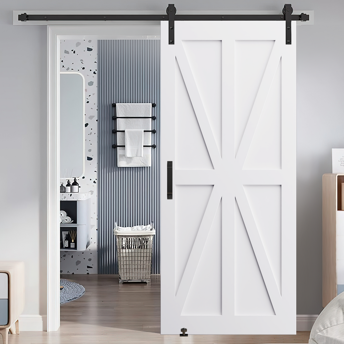 36" X 80" Star Style Real Primed Door Slab 6.6Ft Barn Door Sliding Hardware Adjustable Floor Guider Pull Handle, Diy Unfinished Paneled Door, Modern Interior Barn Door, Moisture Proof White Mdf