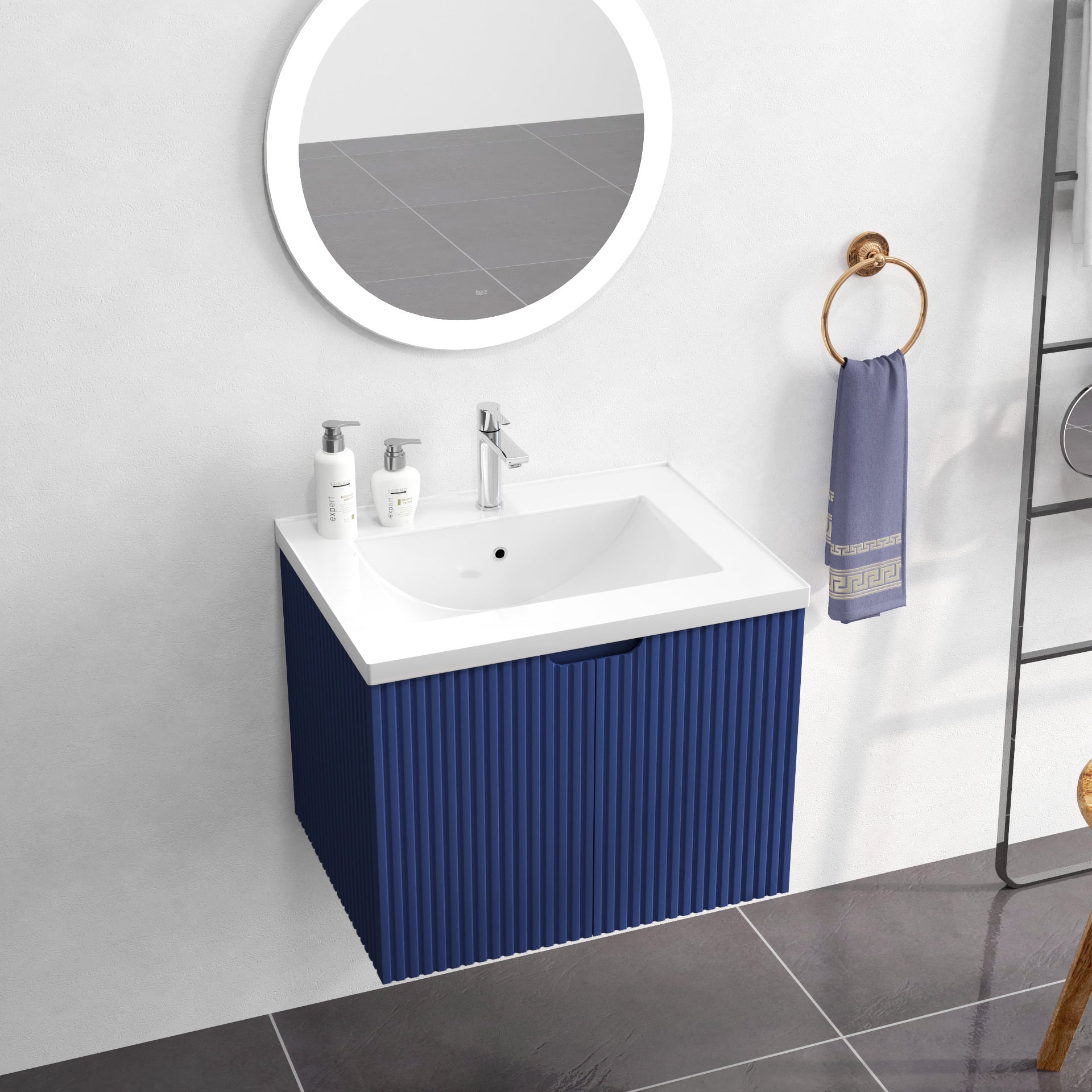 24" Floating Wall Mounted Bathroom Vanity With White Porcelain Sink And Soft Close Doors Blue Ceramic Mdf