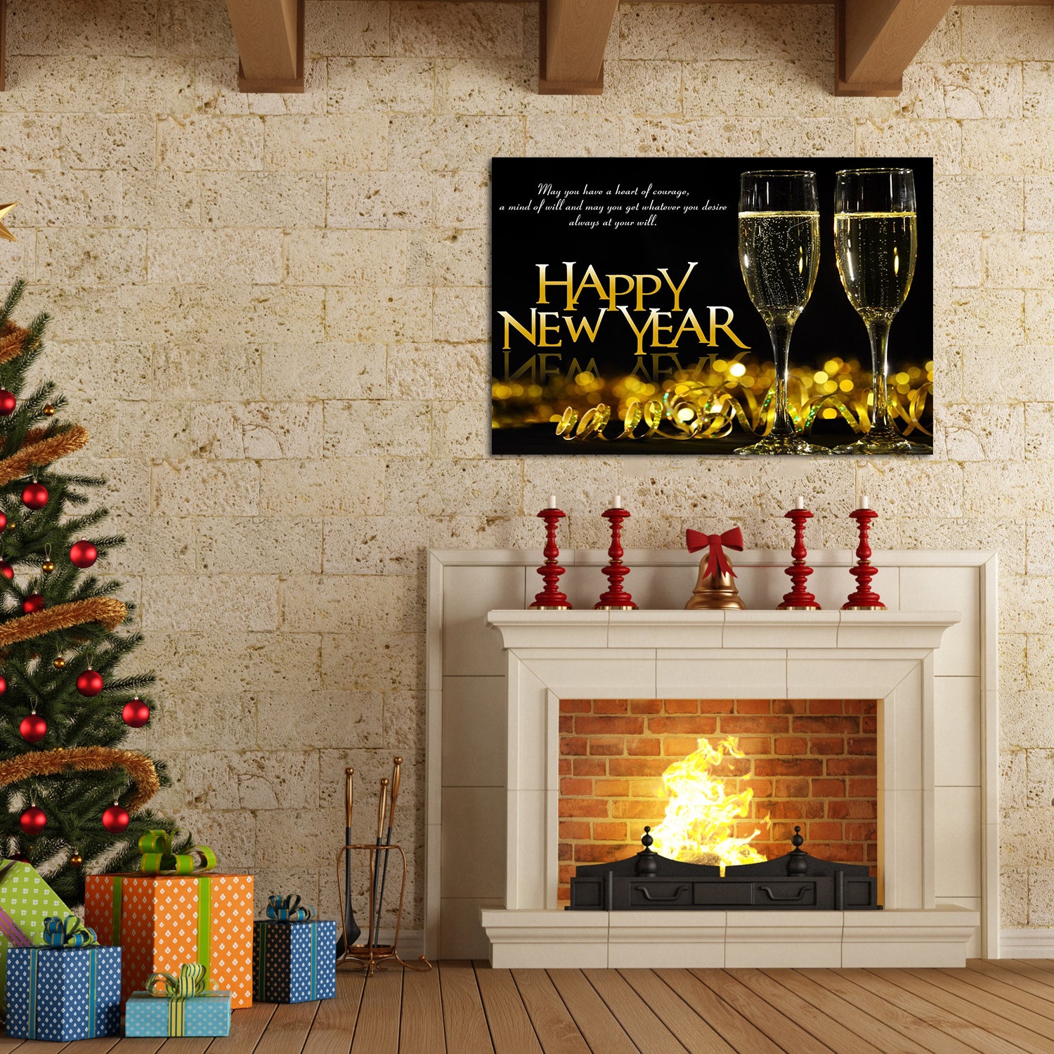 Framed Canvas Wall Art Decor Painting For Year, Golden Happy Year Bless Champagne Gift Painting For Year For Chrismas Eve Office Living Room, Bedroom Decor 4028In Thickness 1.5Inch Rectangle Framed Multicolor Year'S Oversized 41In Canvas Cultures And