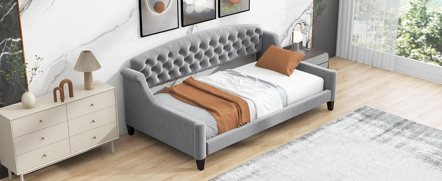 Modern Luxury Tufted Button Daybed,Twin,Gray Box Spring Not Required Twin Gray Wood Velvet Upholstered