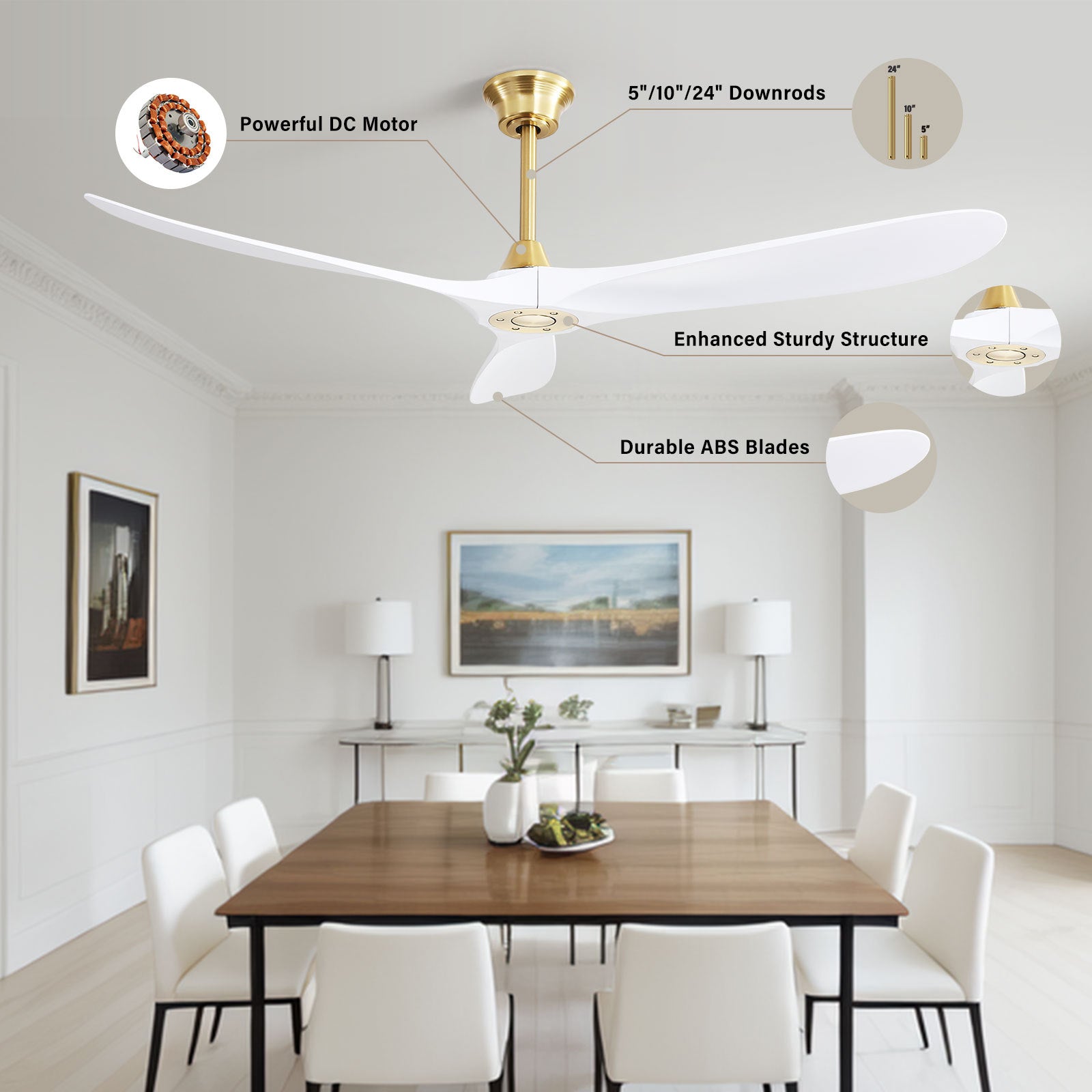 60 Inch Indoor Modern ABS Smart Ceiling Fan With 6 gold-abs