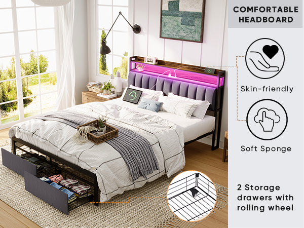 Queen Bed Frames With Storage Headboard And Drawers, Led Platform Bed Frame Queen Size, Led Upholstered Bed Frame With Charging Station, No Box Spring Needed, Easy Assembly, Grey Box Spring Not Required Gray Metal Bedroom Bed Frame Mdf Metal