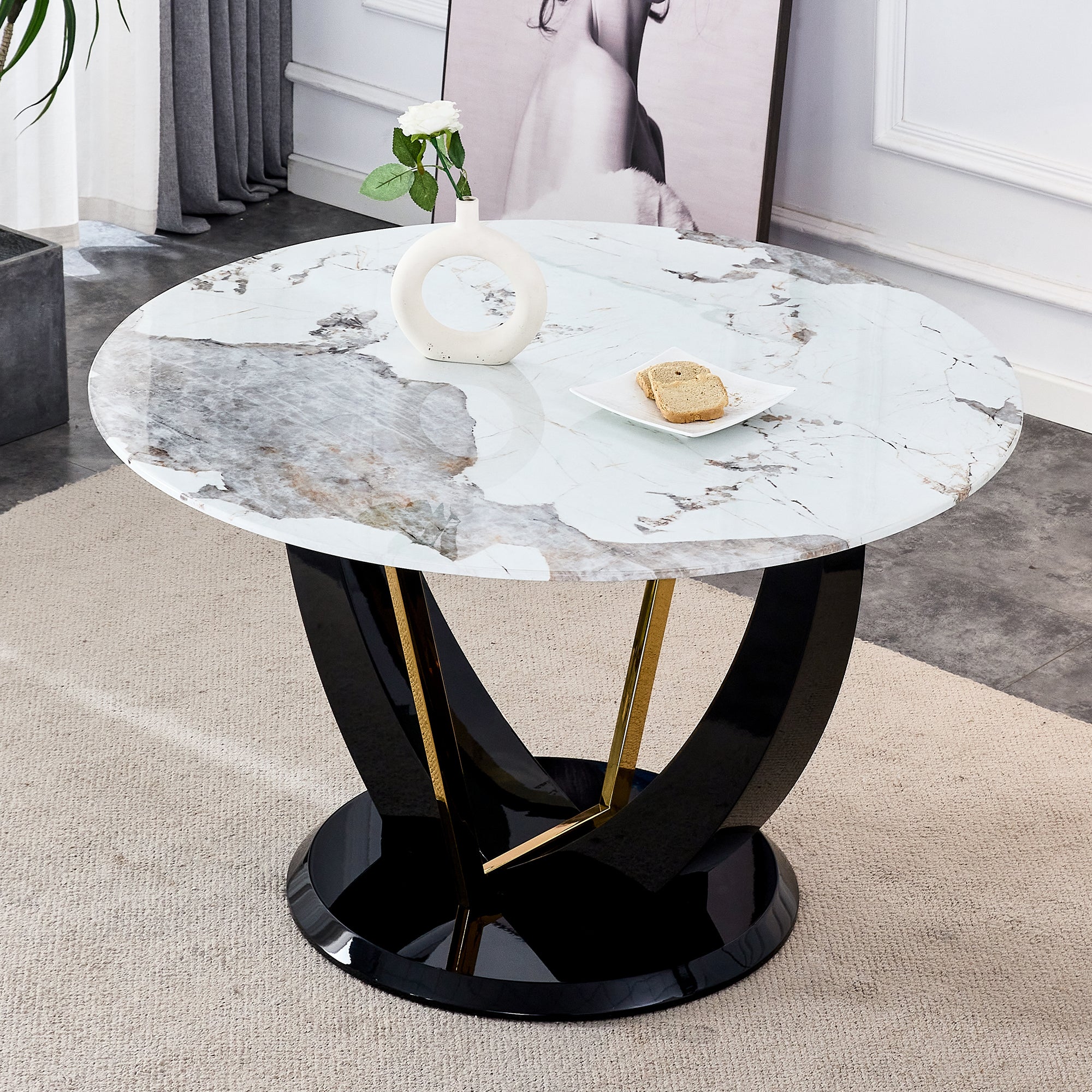 Modern Minimalist Circular Glass Tabletop With A Diameter Of 48 Inches, Paired With Black Mdf Legs. Suitable For Restaurants And Living Rooms. White Mdf Glass