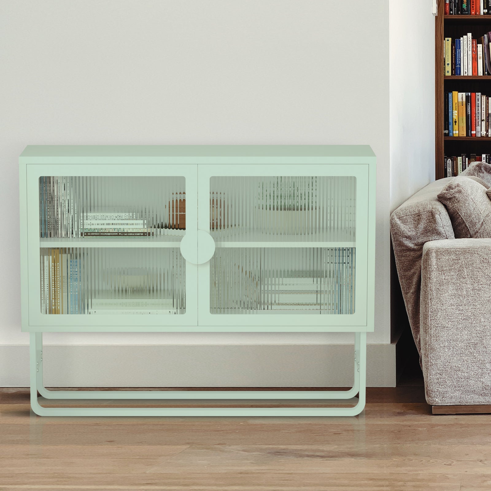 Stylish Tempered Glass Cabinet Credenza With 2 Fluted Glass Doors Adjustable Shelf U Shaped Leg Anti Tip Dust Free Enclosed Cupboard For Kitchen Living Room Light Green Light Green Tempered Glass